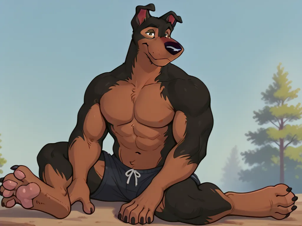 BusterLT, furry, anthro, anthro body, canine, doberman, black eyes, black nose, black body, black fur, brown body, brown fur, two tone body, two tone fur, pink inner ear, full body, heavyweight build, muscular, muscles, (flat colors, no shading), simple ba...