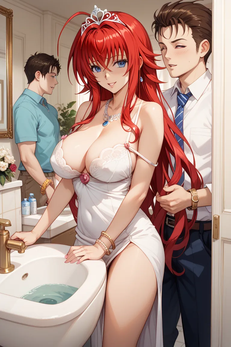 Rias gremory ( High School DXD ),dressed like a mother, housewife, married, cheating on husband ,breastsvisíveis, breasts,layoffs,tiara,   bracelets, necklaces, braceletes,  private parts visible , bathroom having sex,With lover,AND,Another man, the husban...