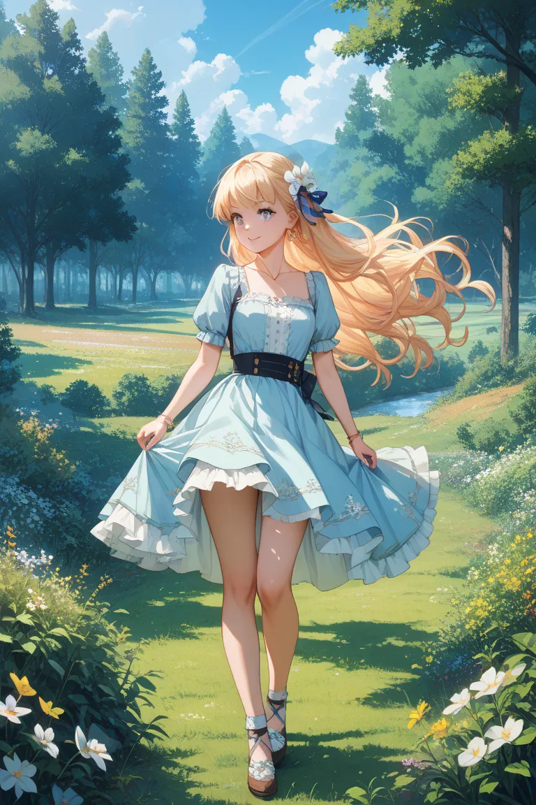 Animated long haired girl slightly showing off her skirt