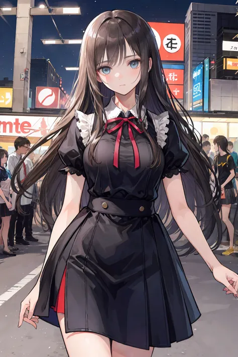 masterpiece、very well detailed、highest quality、  photos、realistic、  female 1 person、dark blue shirt and black miniskirt、  facial details  、very long hair、 brown hair、beautiful eyes、 In the crowd、I'm standing near the Shibuya station intersection。