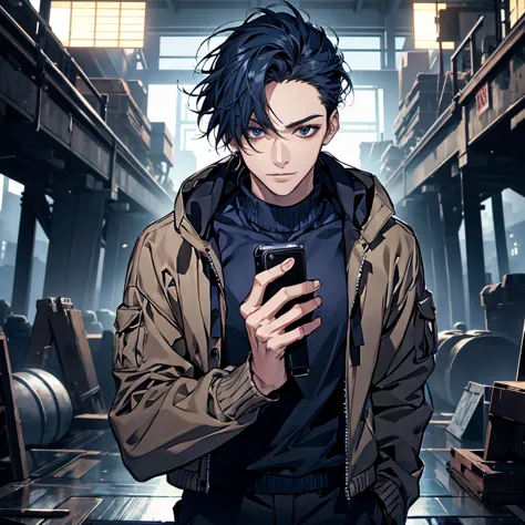 (Best picture quality, High res, Very high res), abstract, masculine, dark blue hair, 33 years old, dark blue eyes, jacket, sweater, cargo pants, dark blue gaze, calm, quiet, gentle smile, observatory, with wolf, dawn