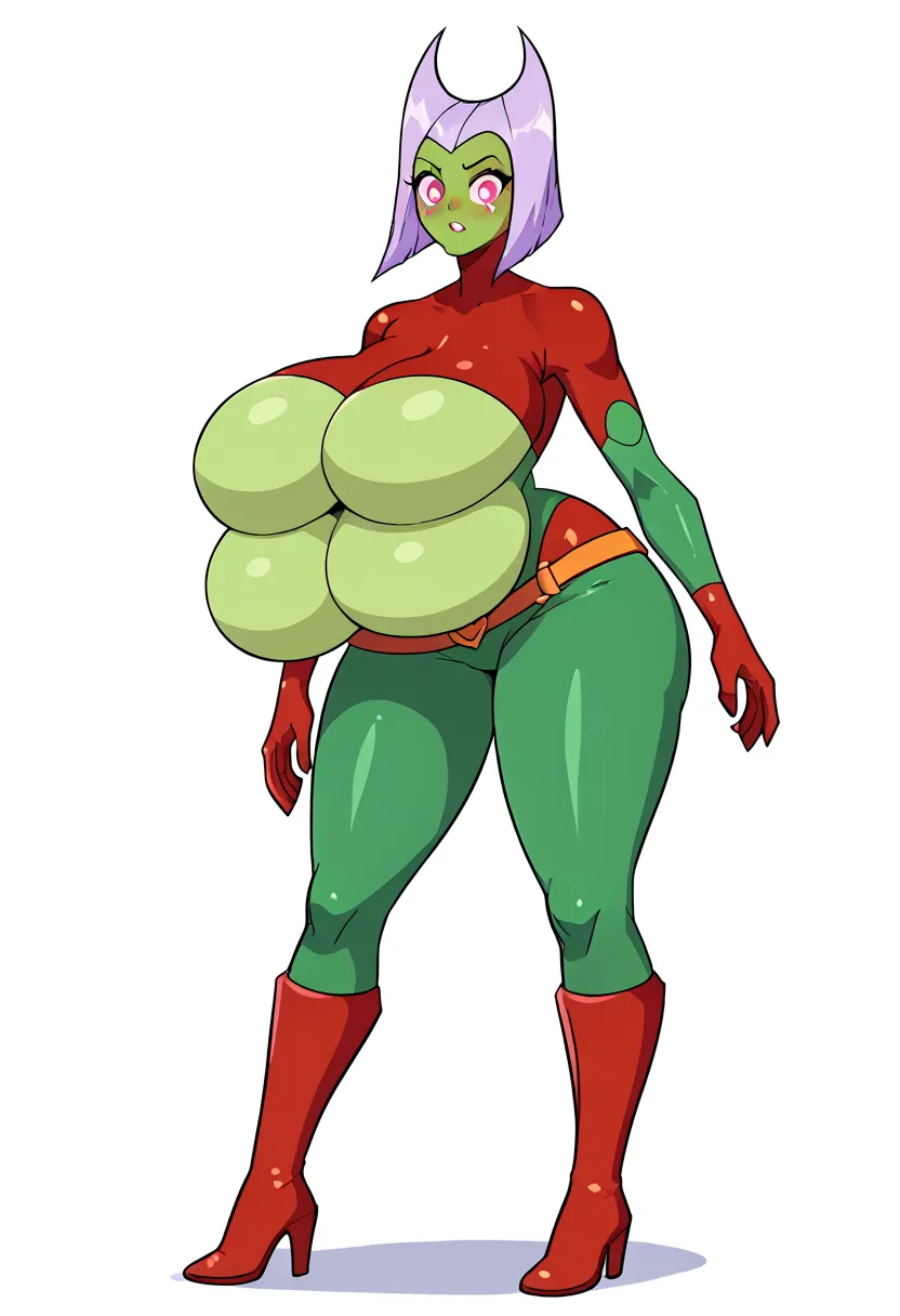 witch (regular), twelve forever, 1girl, solo, colored skin, pink eyes, purple hair, bodysuit, green skin, red bodysuit full-body shot blush Big breasts Huge breasts Gigantic breasts breast enlargement bikini