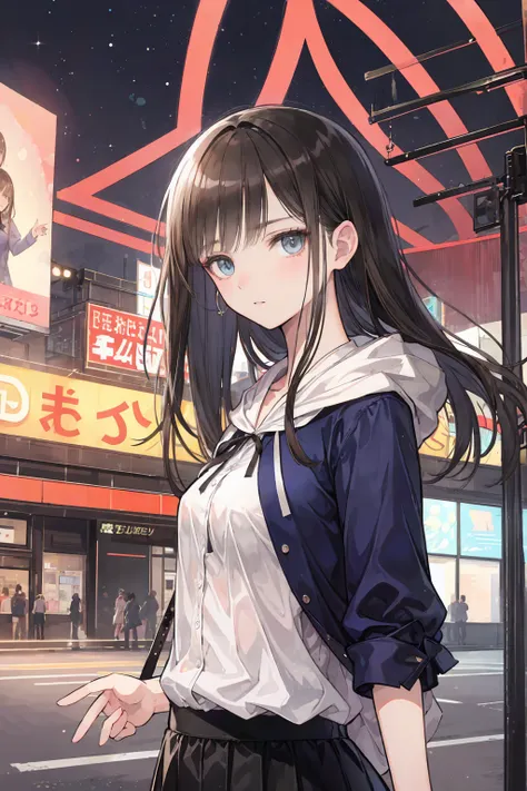 highest qualityの写真、highest quality、Photo、realistic、 female 1、dark blue shirt and black miniskirt、very detailed face、 very long brown hair 、beautiful eyes、Standing near the Shibuya station intersection in a crowd、HDR、UHD、Studio Lighting、extreme detail、Profe...