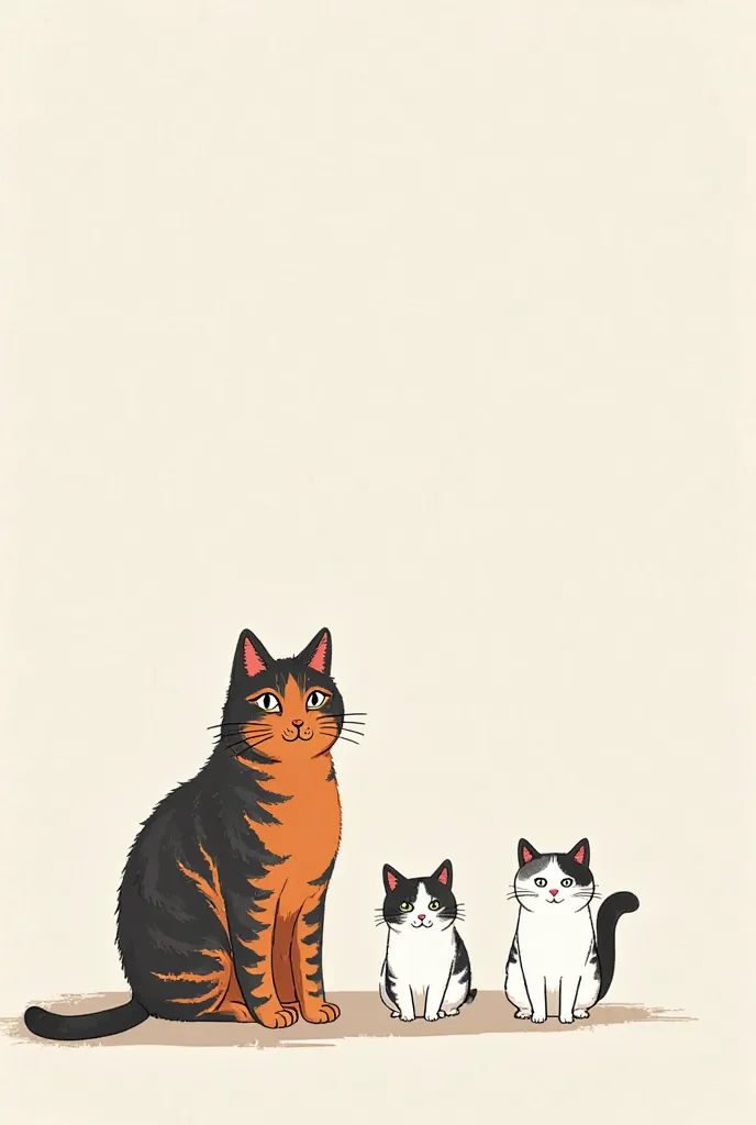 Please make a wallpaper of 5 cats。1 is a big cat in black and white honeycomb color、1 is a big fat rust cat、One is a big white mackerel cat、One is a white mackerel and a small cat。 Please draw in a minimalist illustration style。