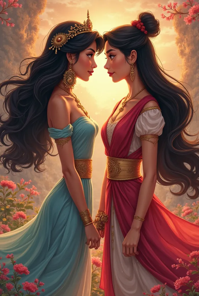 A portrait of princess Jasmine and Mulan together