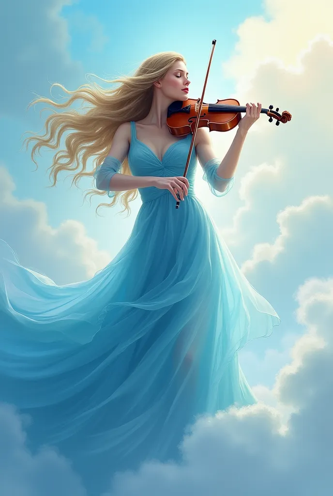 This image shows a woman playing the violin.. She wore a flowing blue dress and had long blonde hair that blew in the wind.. The background looks like an abstract representation of a sky with clouds., giving an ethereal feel to this scene.