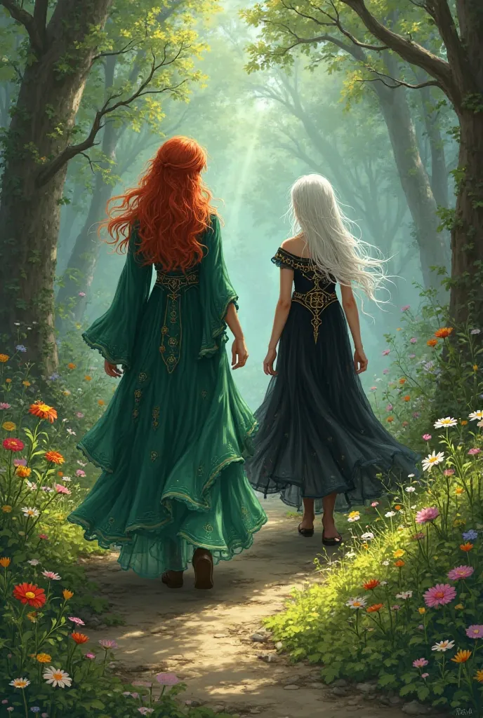 Two witches on an enchanted path, a redhead dressed in green and another white haired girl dressed in black 