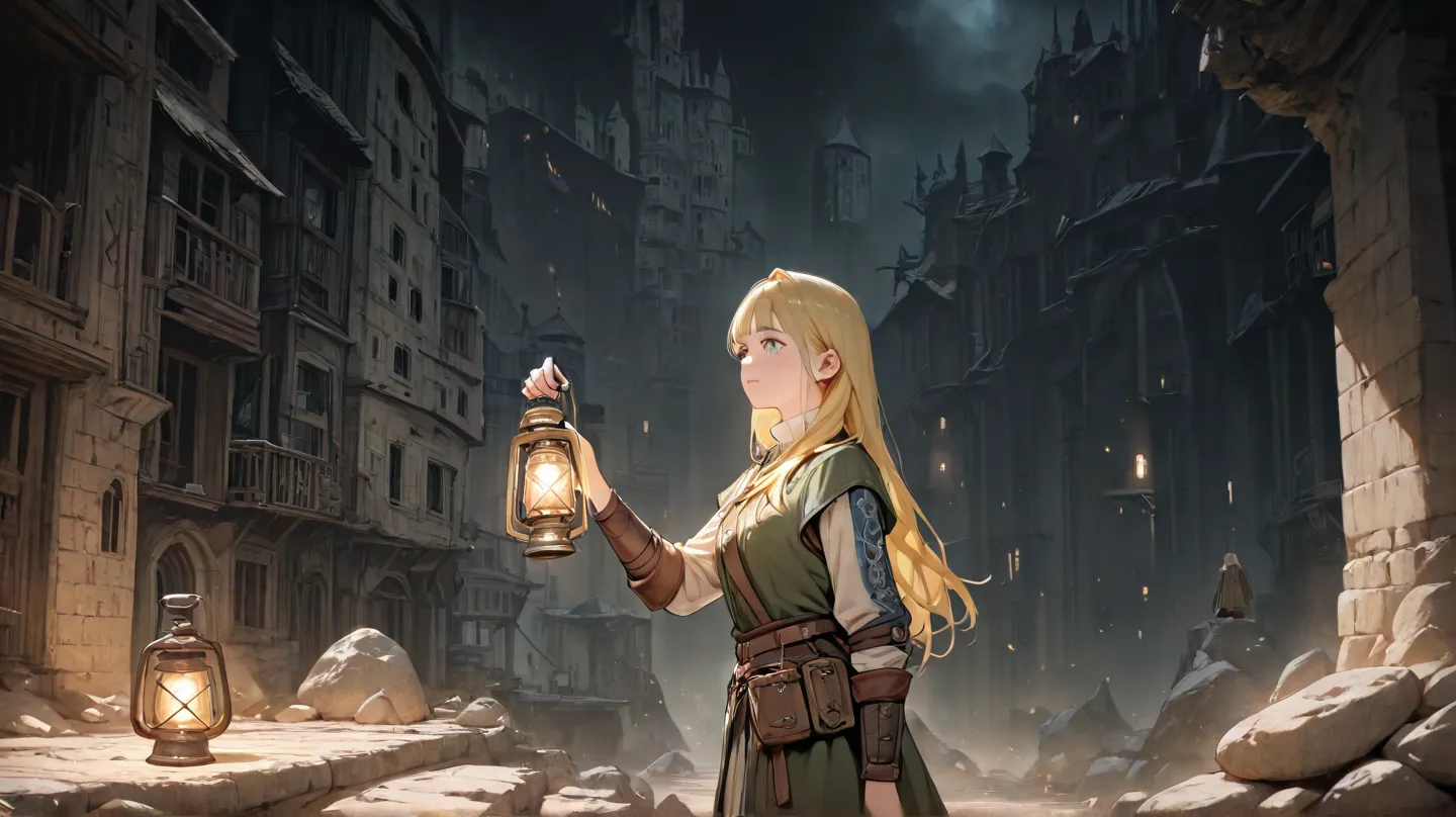  huge _매우 높은 해상도, high resolution, 걸작, recent, 1 female, long hair, yellow hair, side view,  bangs, Medieval adventurers, adventurer clothes, 1 lantern in one hand, A huge underground city seen in the distance,  Medieval Background , Abandoned buildings, R...