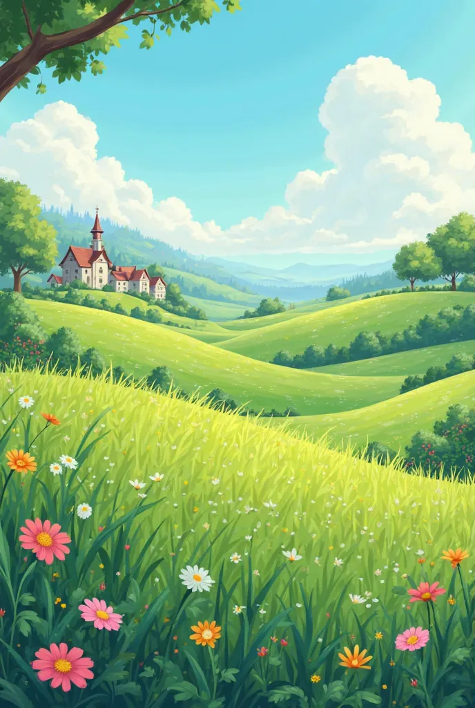 create a 2d cartoon image of a green grass with vibrant colors near a village remove people and birds