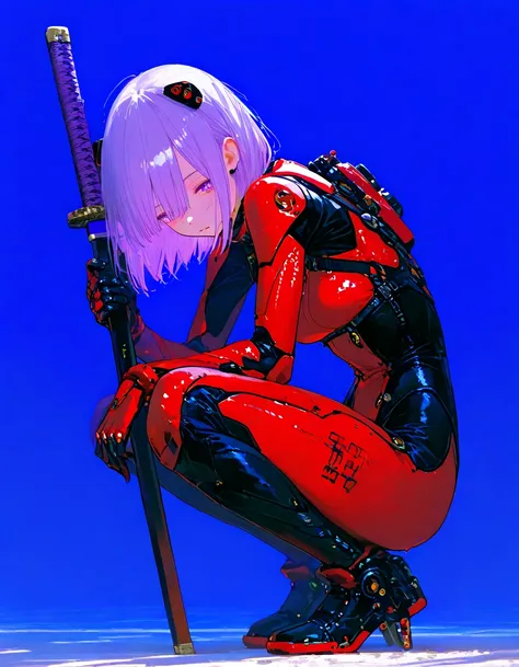  8k Wallpaper、   cute poster   、 masterpiece、最 high quality 、 high quality 、 high detail、 very aesthetic 、 absurd、   latest、 1 girl is bowing down、 dance、 pose 、18 years old、purple hair、 purple eyes、  short hair、  Red and black plug suit  、 cyber shoes、  s...