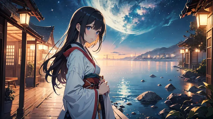 portrait、Lie under the fantastic moonlight、Sexy and beautiful anime-style women。long hair that shines like silver thread、gracefully swaying in the cold night wind。Incorporate the vivid and precise art style popular in。 in the background 、A dreamy night sky...