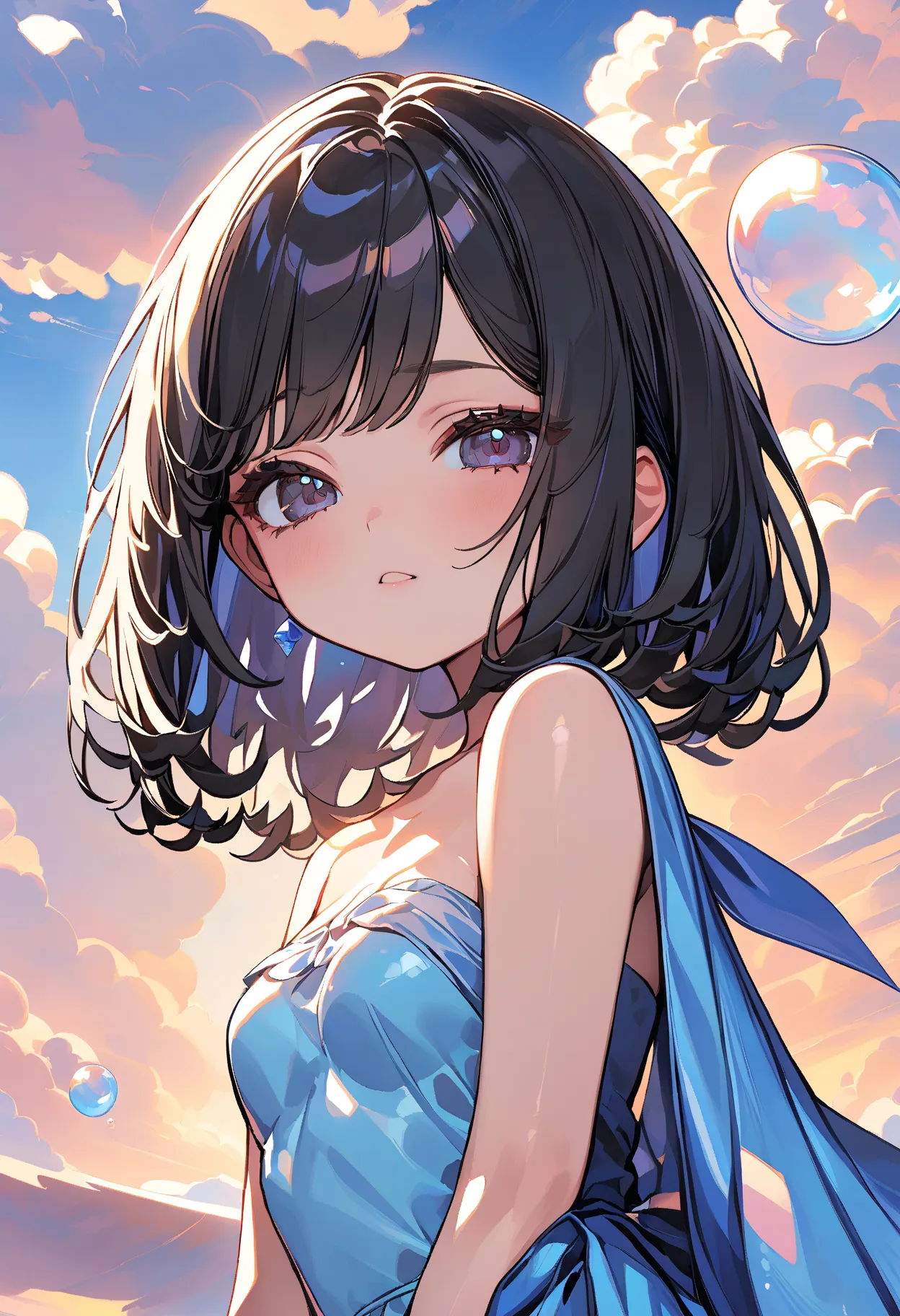 best quality,  super fine, 8k, very absurd, very well detailed, 2.5D, Beautiful Goddess, Soap bubbles,  Pastel Clouds , sunshine, pop art, delicate and dynamic,  pastel fantasy,   black hair, bob cut the blue cloth,  very young , small breasts, official ar...