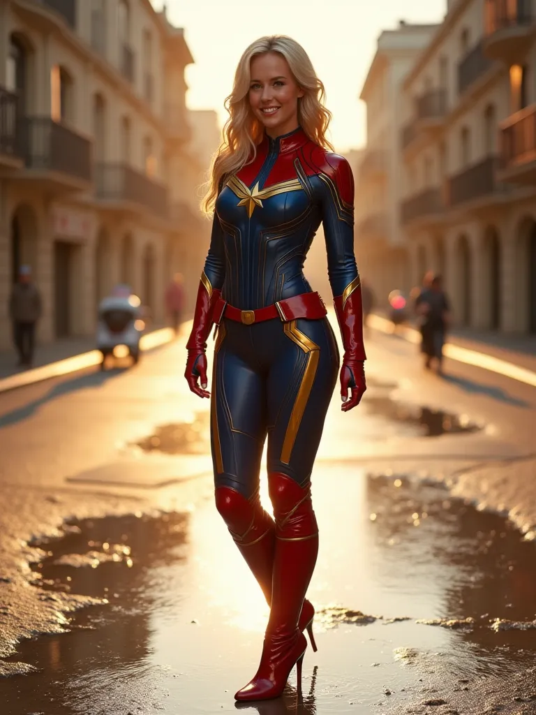 Captain Marvel in a wet superhero costume, high-heeled wet over the knee boots and high stiletto heels,  hands on the hip, long blonde hair, six pack abs, with very large breasts xxl, super sexy, photorealistic, 8k, Stands with legs apart on the street, in...