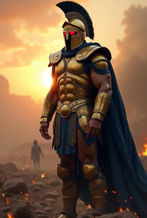 A realistic depiction of a Spartan warrior clad in intricately detailed golden armor, complemented by a flowing deep blue cape. His imposing Corinthian helmet conceals his face in shadow, leaving only two ominous red glows where his eyes should be, exuding...