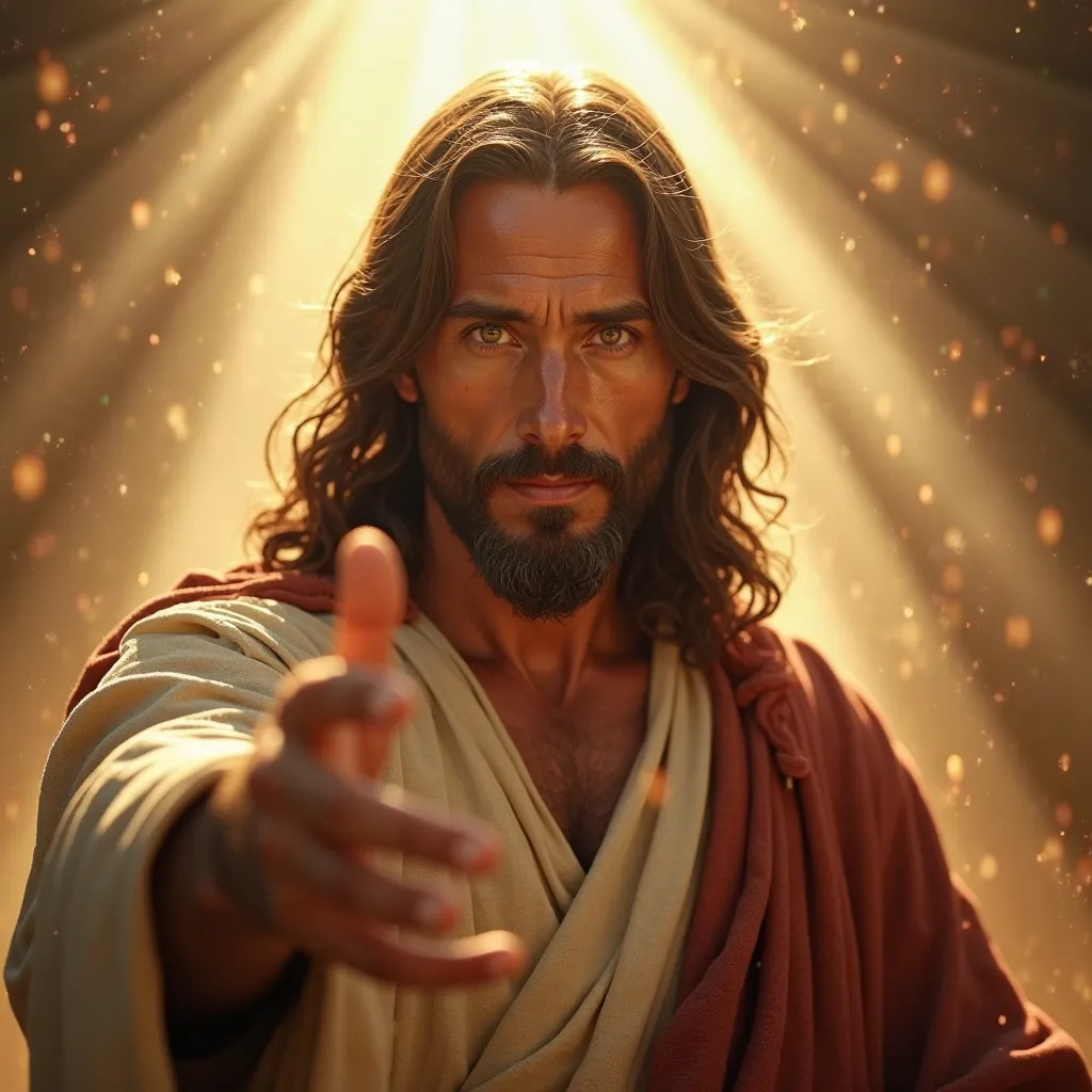 A hyper-realistic, cinematic depiction of Jesus Christ with an intense and captivating gaze, making direct eye contact with the viewer. His eyes are filled with divine wisdom and love, radiating a magnetic presence that commands attention. His face is illu...