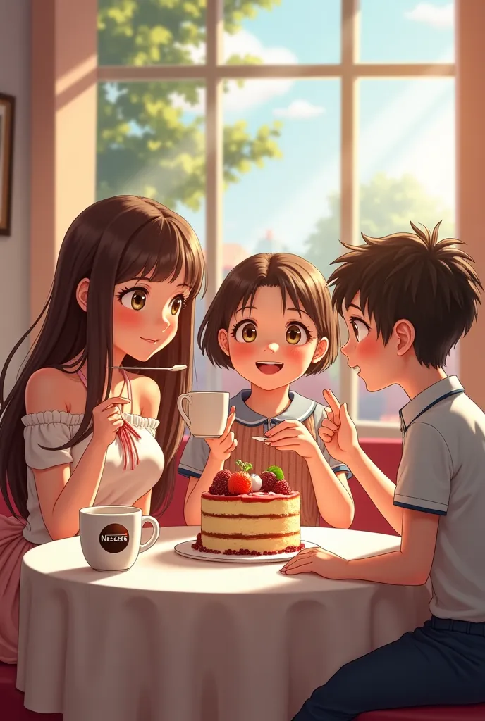  two girls and one boy eating cake prices and nescoffeee in cafeteria. 