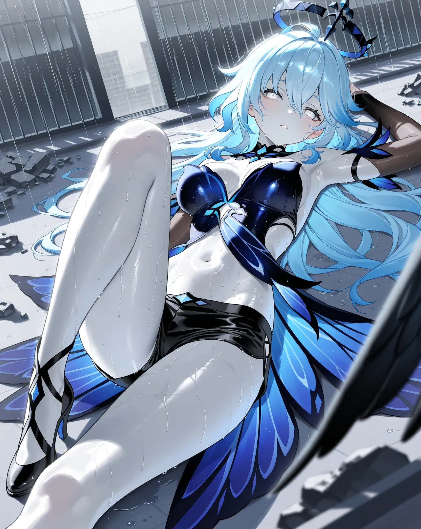 best image quality、High Resolution、 Resplendent Diamond Blue Hair 、white eyes、、rooftop、  black ice clothes、beautiful breasts、  best thighs、GalaxyAura、 long hair、best image quality、floating rubble、Black Shorts、 white skin、 the royal family、、Straight face、Wa...