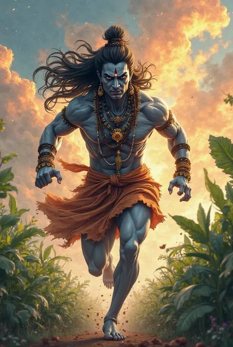 Anime Lord shiv angry face with full body and wear tiger cloth and running in grass farm and background rainbow 