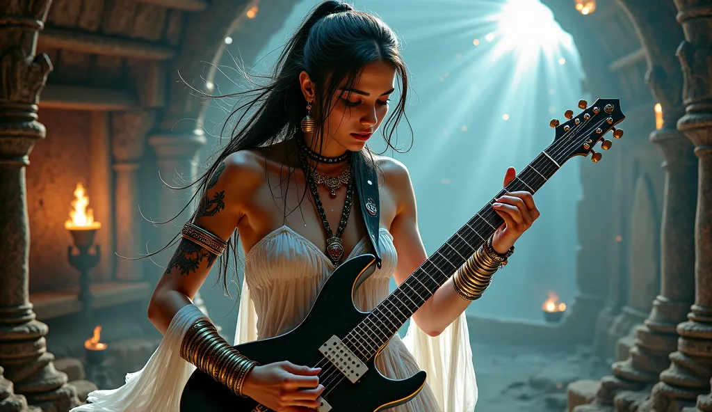 ((masterpiece, sex, highest image quality, high resolution, photorealistic, RAW photo, extremely detailed unified CG wallpaper of 8k)), close bem de perto em mulher sexy Playing metal guitar, wearing a white Indian dress up to her breasts, tattoo on arms, ...