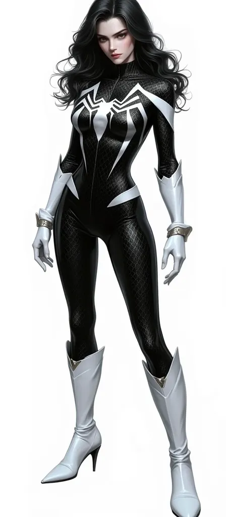 A beautiful and gorgeous and sexy slender black wavy hair Lady hero spider girl wearing leather black honeycomb textured tight fit leather spandex costume. White gloves and belt and boots.. hero suit with silver 3d Spiderl symbol on his chest,standing in a...