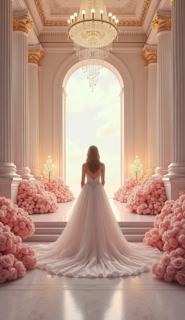 "Ultra-realistic illustration of a wedding luxurious with a neoclassical theme. A bride in a shimmering white dress walks towards a magnificent altar, surrounded by classic white pillars. The stairs leading to the altar are filled with abundant pink flower...