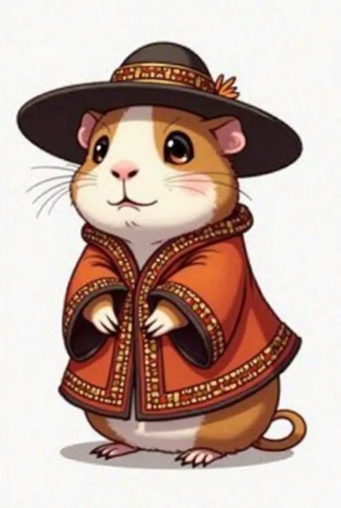 guinea pig, anime style, with fur wearing an outfit that evokes traditional Andean clothing. He wears a wide-brimmed hat, dark and ornate, with a decorative band around the base. Her clothes are a red-orange tunic or cape with intricate woven designs and p...