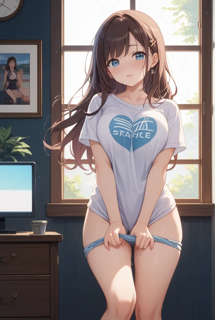 Kizuna Ai、long hair、 living alone、 studio、dark room、 fukabuka t-shirt、Length to the crotch、Bare legs、 is standing、blush、smiles、two protrusions on the chest、Big chest、night、night中、moonlight through the window、Being spoiled、Pull the hem of the shirt down、Lov...