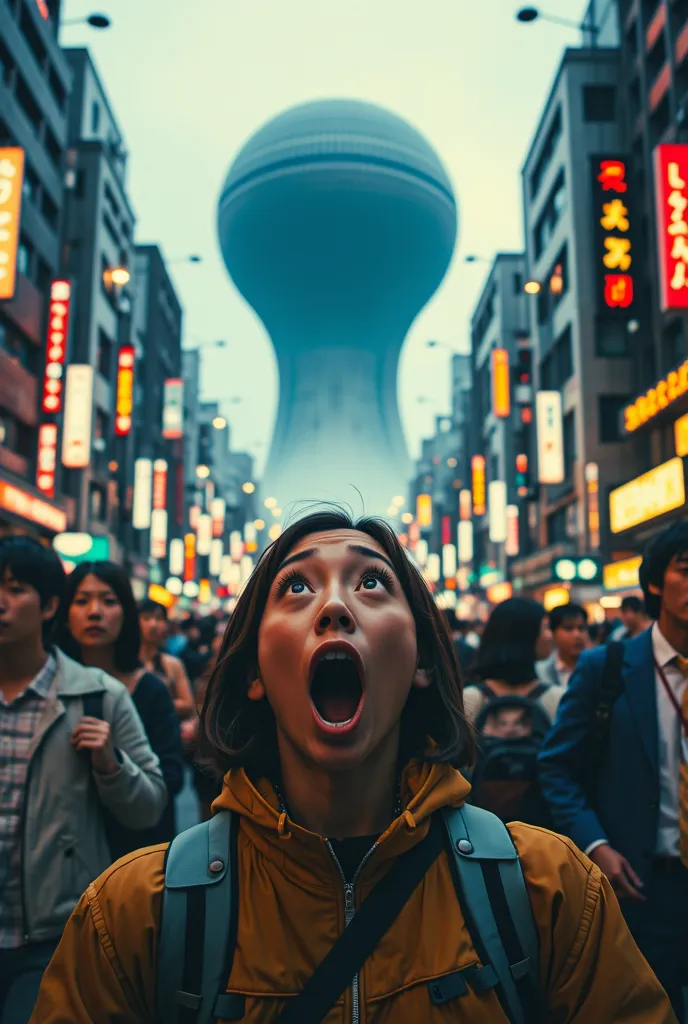 The faces of people in Tokyo, Japan, when they look at something big and are terrified.