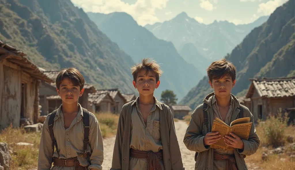 “Three brothers in the middle of an old mountain village, their features are different and express their personalities: the eldest brother Elias looks calm and responsible, wearing simple country clothes; the middle brother Adam has an adventurous look, we...