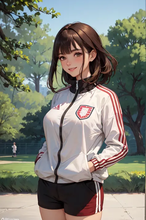 Only one female, standing, mature woman, /( Stylish Tracksuit Long Sleeves/) /(sports shorts/), /(brown hair/) bangs,  Friendly Blushing Smile , ( Masterpieces Top Quality :1.2) Delicate Illustrations Super Detailed, big breasts, /(Pockets with Hands in Po...