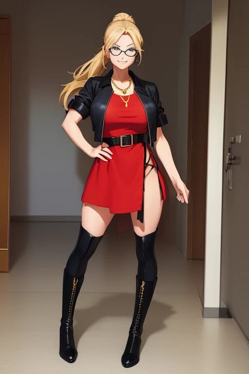 female, long blonde hair in loose ponytail, blue eyes, (((1girl))), (((red mini dress))), (black short sleeve jacket), (black tights), (black boots), (gold necklace), (black glasses), (black belt), cute and sexy, full body, huge breasts, long legs, smiling