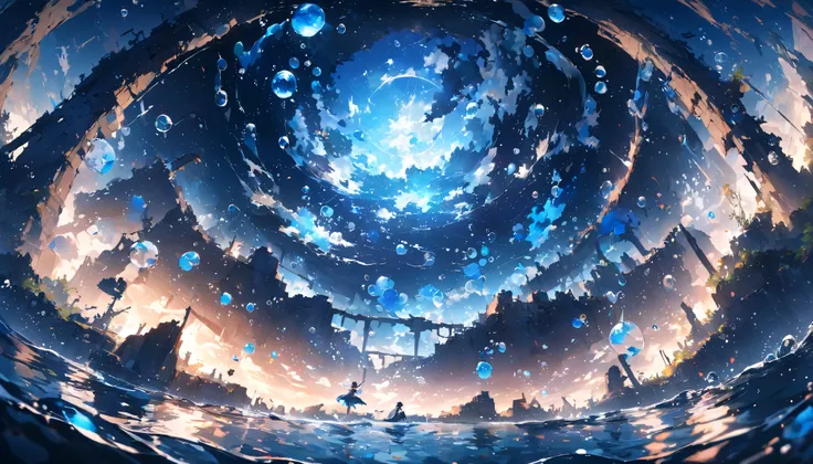 (( Falls Amazing Through The Air )),超High Resolution,   Attention to Details  , high quality, High Resolution, 最high quality, 4K, 8k、Sunken Ruins、  In The Water、  surrounded by bubbles、Deep blue world、whole, Deep Blue Artwork 