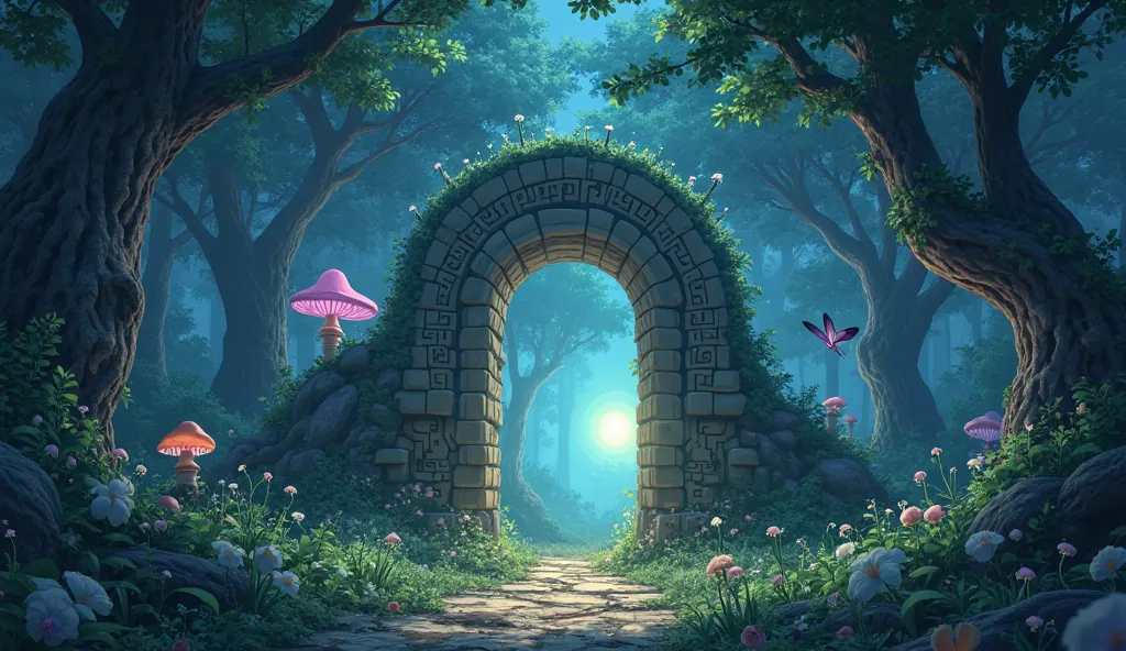  Ghibli style ，Magic forest entrance，giant mushroom ，glowing plants，Ancient stone gate，Mysterious runes，Glowing Butterfly，Mysterious glow in the distance，The aesthetics of Ghibli Studio，whimsical and charming，Soft glowing colors，Fantastic atmosphere， Picto...