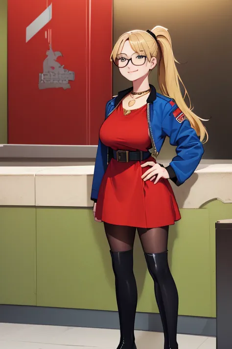 female, long blonde hair in loose ponytail, blue eyes, (((1girl))), (((red mini dress))), (black short sleeve jacket), (black tights), (black boots), (gold necklace), (black glasses), (black belt), cute and sexy, full body, huge breasts, long legs, smiling