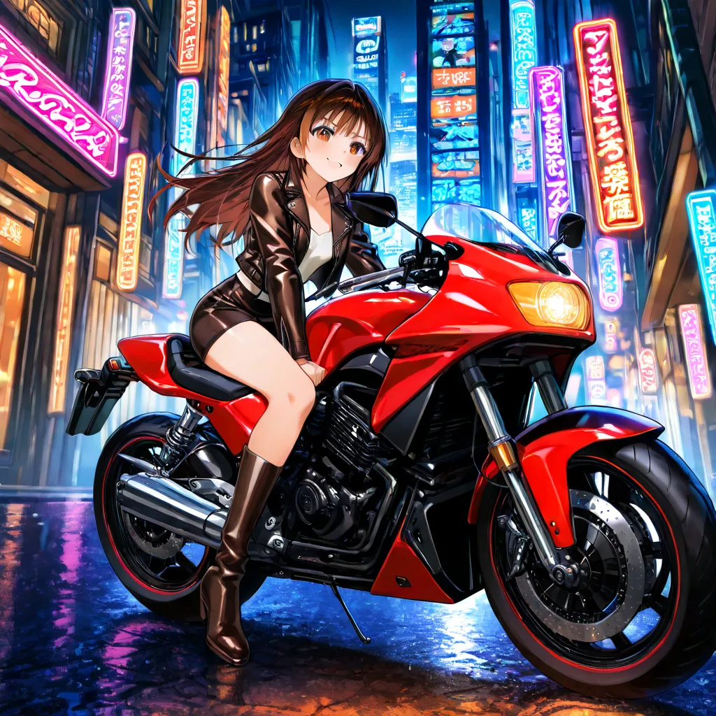  Anime Girl、I'm riding an American motorcycle、 girl、brown hair、One person、zoom