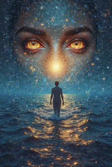 in a world that exceeds the limits of reality, a man stands in the middle of a sea It is like any other sea — its waves are not of water, but of transparent glass panels, inside which the light of knowledge flows, intertwined with ancient symbols, mathemat...