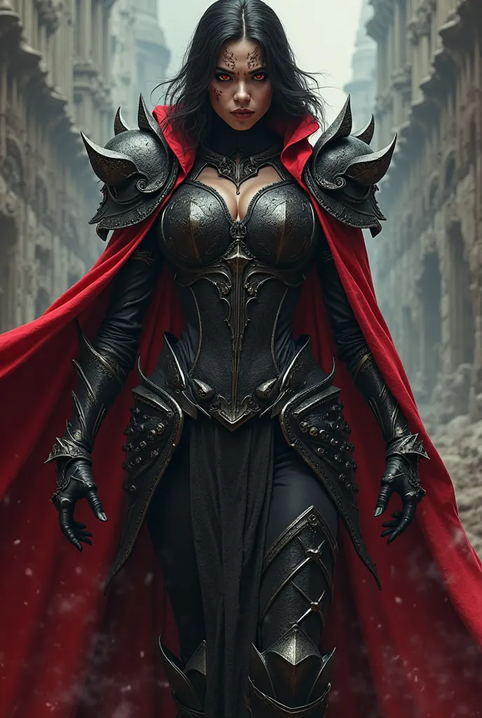 Villana Alto, wearing black armor and red cape. She has scars on her face and bright red eyes.