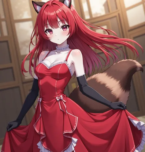 Girl, dressed in an elegant red silk dress, evening dress, wearing black elbow-length gloves,  Masterpiece , red hair, long hair,  looks at the viewer,   violet eyes,  Purple eyes,  raccoon ears ,  Tanuki tail, ball at the nobleman's estate, Anime style