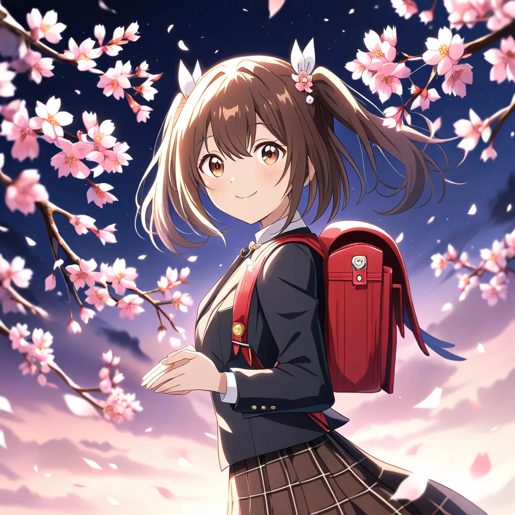 A six-year-old girl with twin-tails wearing formal attire for the entrance ceremony: navy long-sleeved blazer, white blouse, and plaid skirt. She is smiling innocently. She carries a traditional Japanese red backpack neatly on her back. The backpack is str...