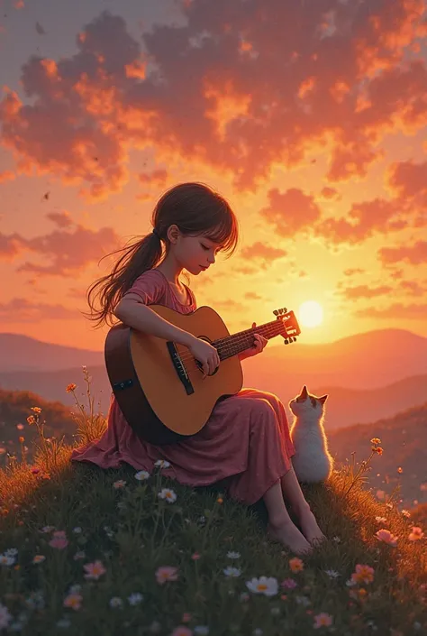 

A young girl sits on a small hill, playing her guitar. Her cat sits beside her.

Girl: (strumming her guitar) "Every moment with you is beautiful.

The sun sets behind her, painting the sky with vibrant colors.

Girl: (strumming her guitar) "Every moment...