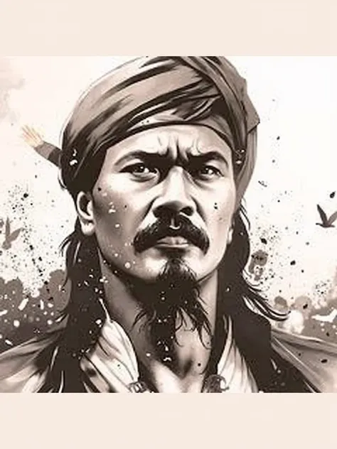 game hero character，Full body picture，background There is a palace on fire in the distance，The palace is in Islamic style，Portrait of the legendary Indonesian hero Hang Tuah，looks like Persian male，Height 240cm,Body weight 150 kg ,thick tank，Traditional sh...