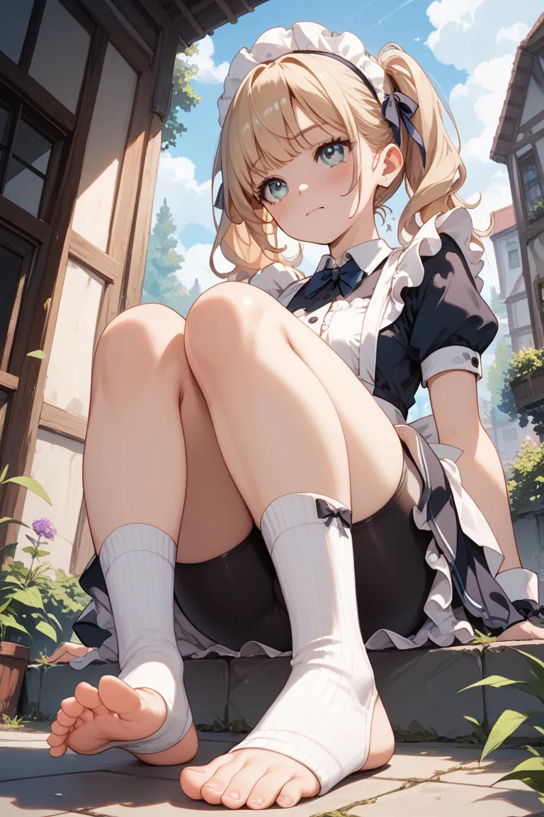 1 girl、Maid、sitting、frill socks、 from below、 Ashikiri、is embarrassing、bike shorts、puffy lips、Toeless Legwear、cross race legwear、masterpiece、highest quality、uncorrected