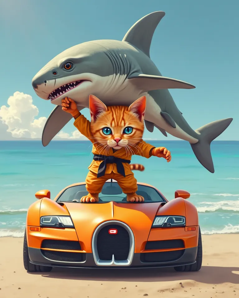 (photorealism:9.16) Draw a picture of an orange cat, Her eyes are blue, flat nose,   facing the camera, , , in karate clothes, , hold and lift the shark above your head with both hands, standing on a Bugatti Veyron, with a beach background, wide, full body...