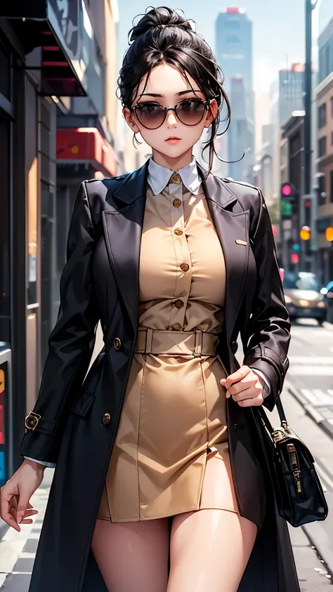 (((Best quality, 8k, Masterpiece: 1.3)), ((best quality)), ((masterpiece)), (detailed), perfect face, A stylish woman wearing a sleek spring coat over a formal suit. She has black hair tied in a neat ponytail and wears dark black sunglasses. The background...