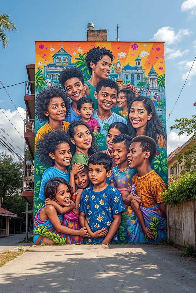 Photo of a graffiti school wall with images of happy and fulfilled people. Young entrepreneurs, parents and ren, money, job, unity, happiness.