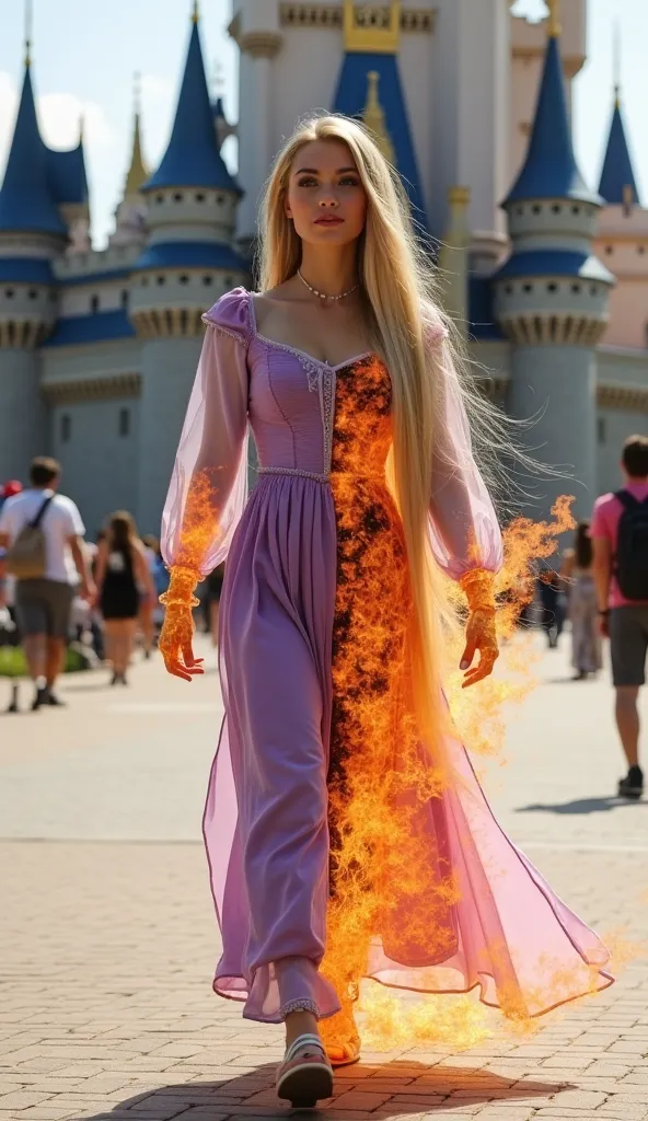 A young woman, likely Caucasian, is depicted in a cosplay costume as a combination of a fiery, powerful character and Rapunzel.
She is positioned slightly off-center to the right of the image.
Her long, blonde hair cascades down her back.
The character is ...