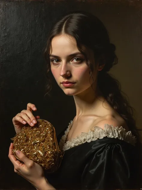 Renaissance young woman, short neck, dark hair with a smile。 she looks  at the viewer 、 strict look,  he holds a purse full of gold in his hand
Caravaggio style