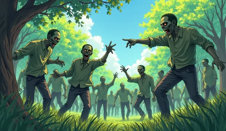 Anime illustration is bright and rich, a crowd of adult green zombies with raised arms like zombies, it's like they're going,  rakurs sboku, his body is pointing to the left, they go to the left to the tree. Background anime meadow