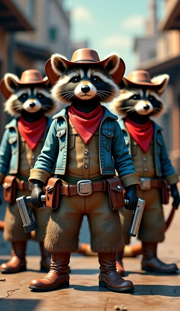 3 raccoons with boots, jackets and cowboy hats and red hankercheifs in his necks with pistol, axe, knife in their hands