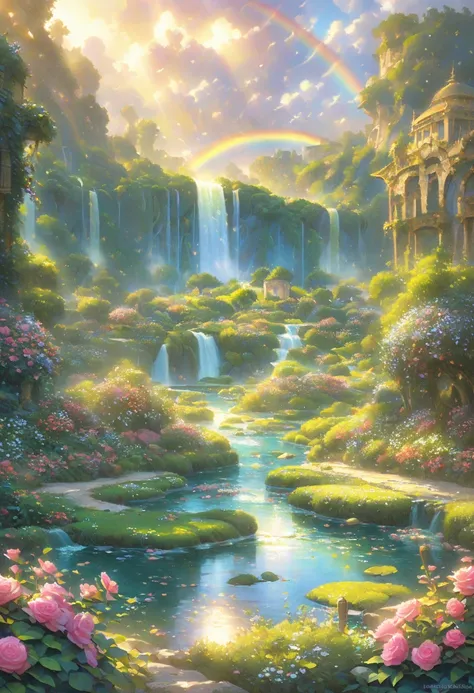 fatSiamese cat - Fantastic - Painting Style Waterfall Soft painting style Brightly colored Bright light a wonderful heavenly garden, rainbow reflected on a splendid river valley of eden sea a wonderful valley,morning sun, river, roses, pastel pink paths, a...